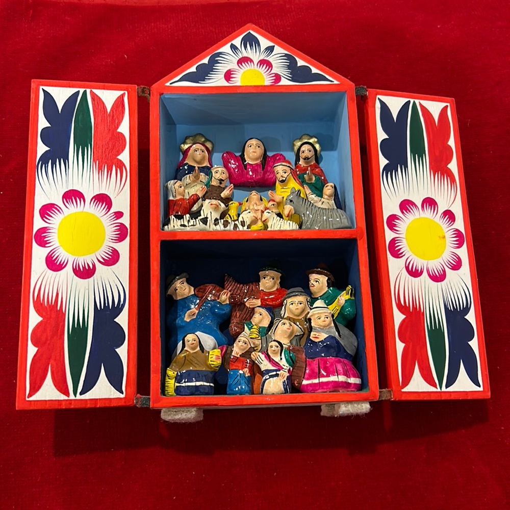 Peruvian Nacimiento (Nativity) Folk Art hand-painted scene in painted armoire